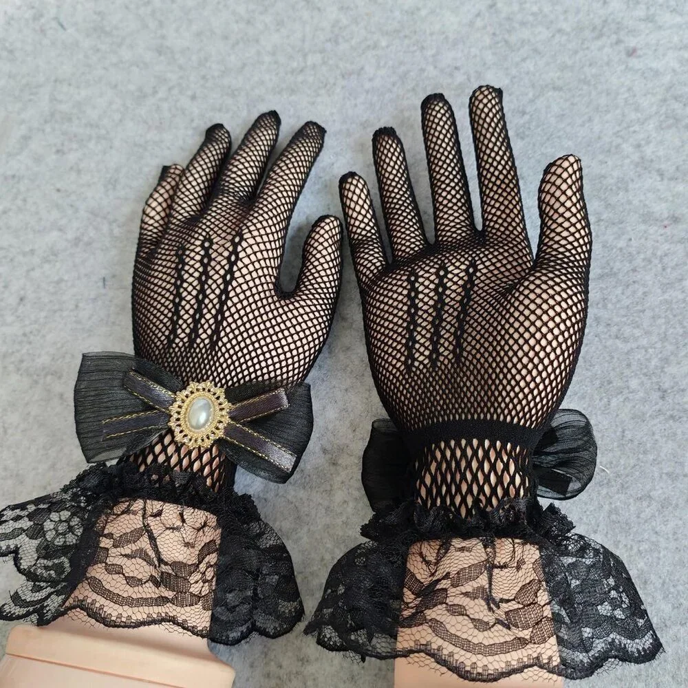 Women's Hand Sleeve Black Bow Lace Gloves Wedding Halloween Costume Party Prom